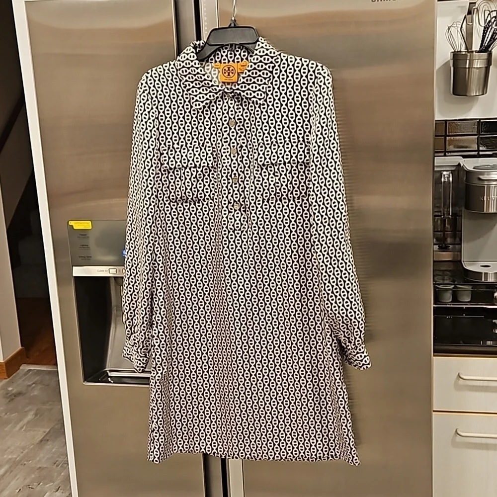 💕TORY BURCH💕 Long Sleeve Button Front Shirt Dress ~ 12 Geometric Chain Print